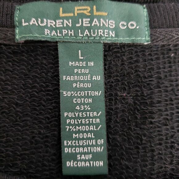 LRL Lauren Jeans Co Ralph Lauren Womens Large Sweatshirt Top Black Ribbed Crop - Picture 7 of 8